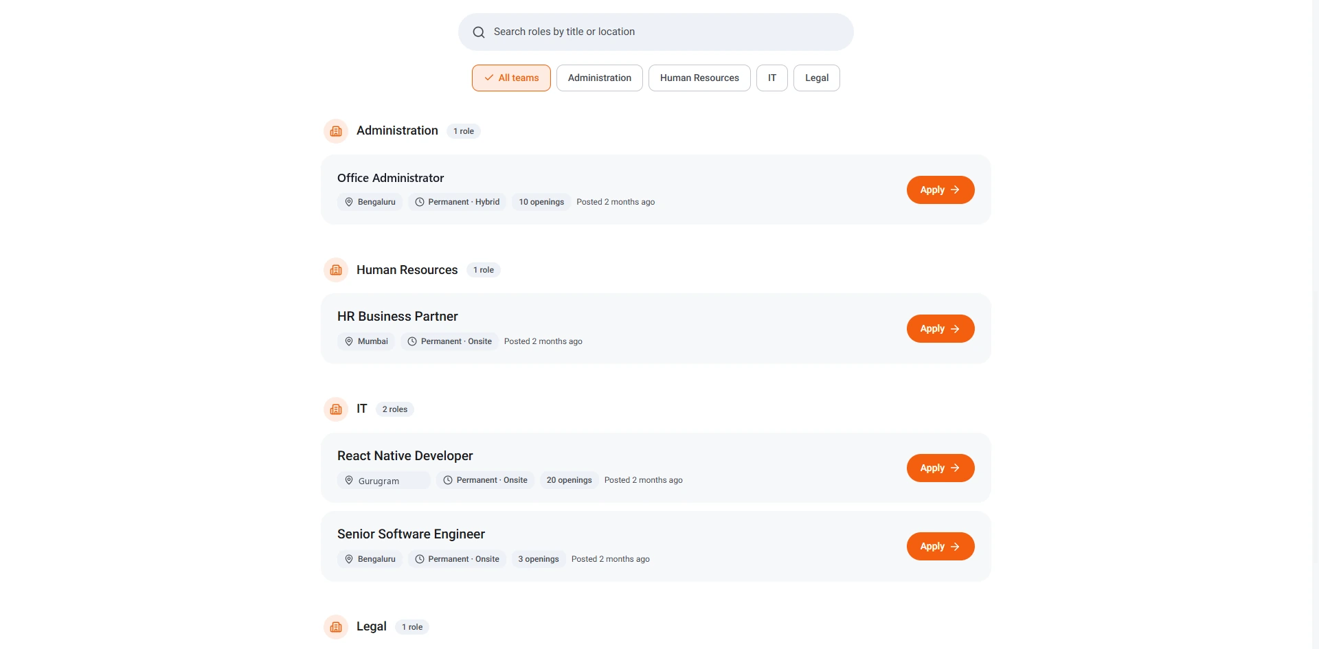 PeopleGrid careers portal listing open roles by department with location, employment type and openings